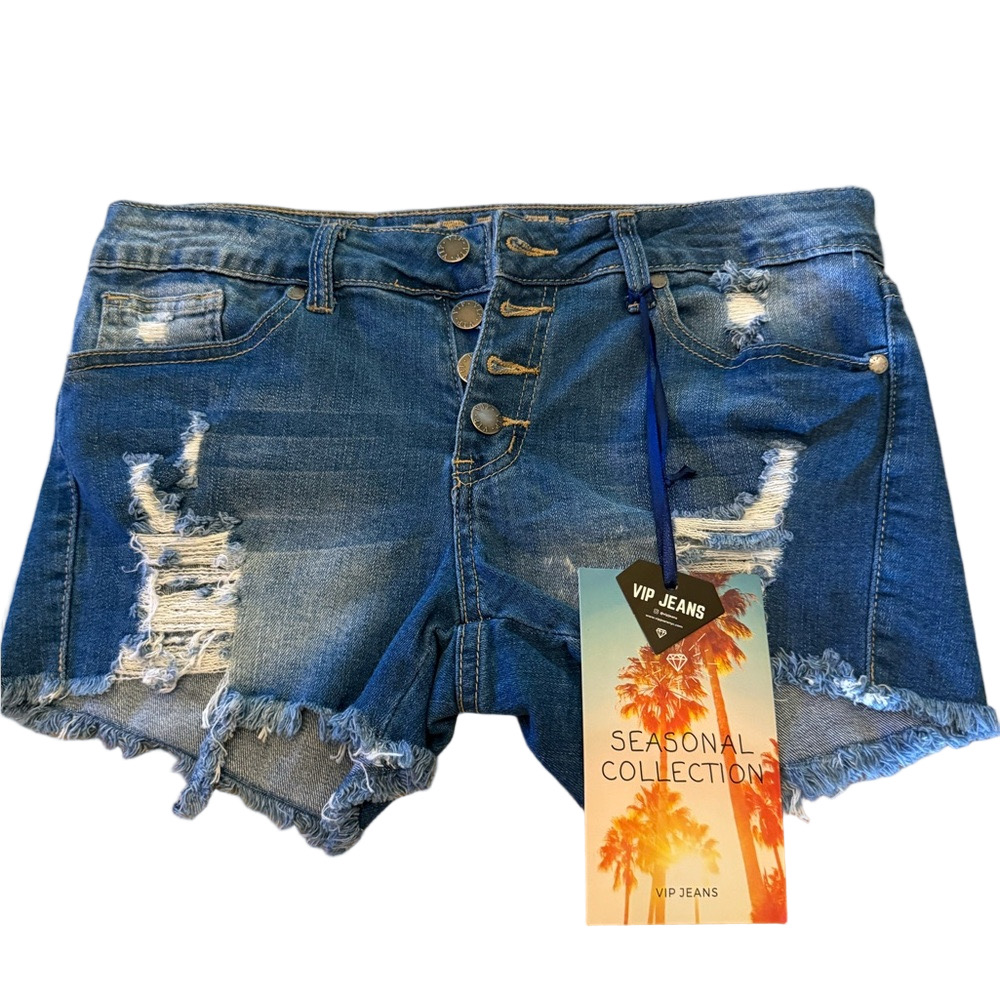 VIP Blue Distressed Jean Shorts with Raw Hem